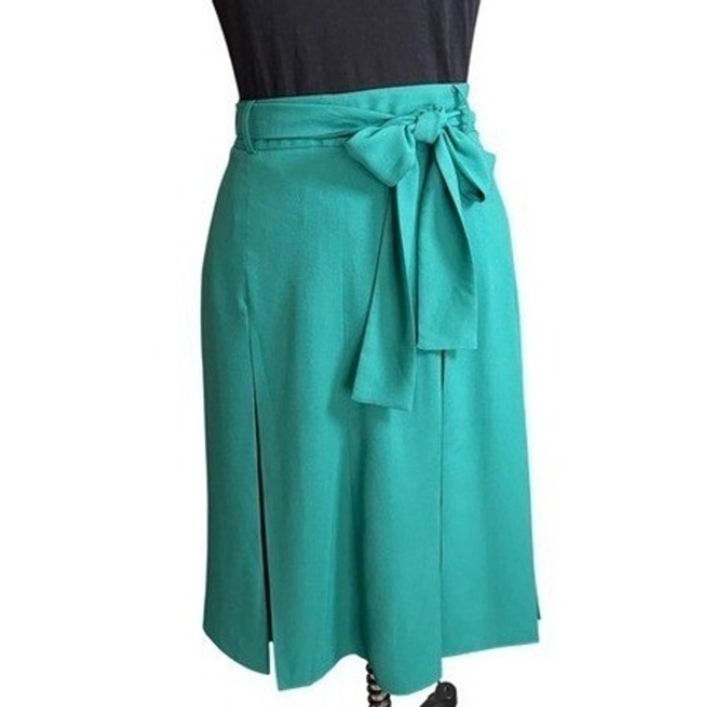 Ann Taylor Pleated Midi Skirt Womens 6 Green Excellent Tie Waist Office Wear